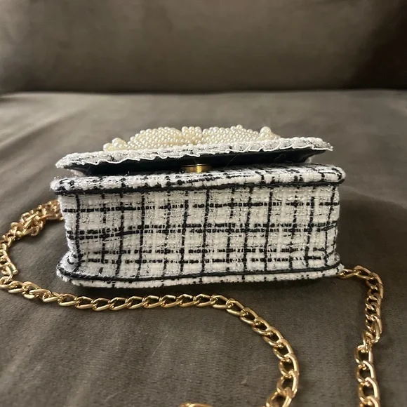 NEW Micro Mini Bag Navy Blue White Tweed Pearl Bow Pearl Top Handle Two-Way - Picture 8 of 12